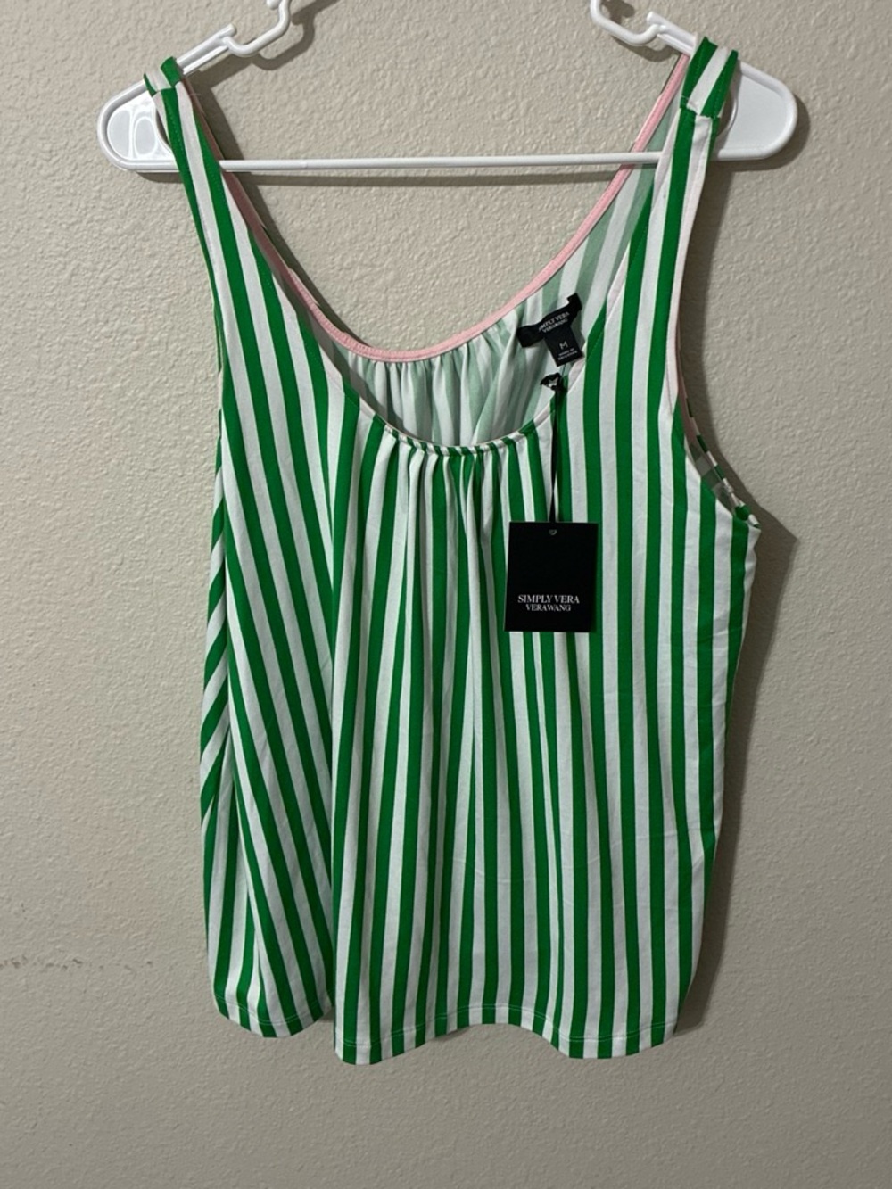 Simply Vera Vera Wang Green & White Striped Tank with Pink Trim